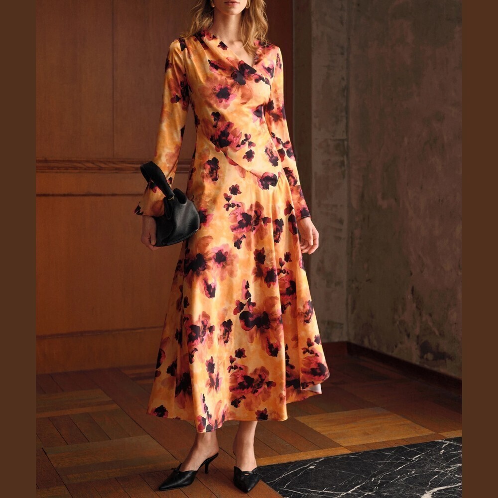 Orange Floral Print Cowl Neck Flutter Sleeve Asymmetric Hem Midi Dress